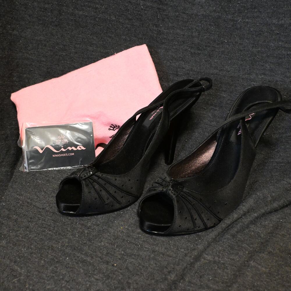 Nina Women's 8.5M Black Satin Slingback Heels Peep Toe Rhinestone